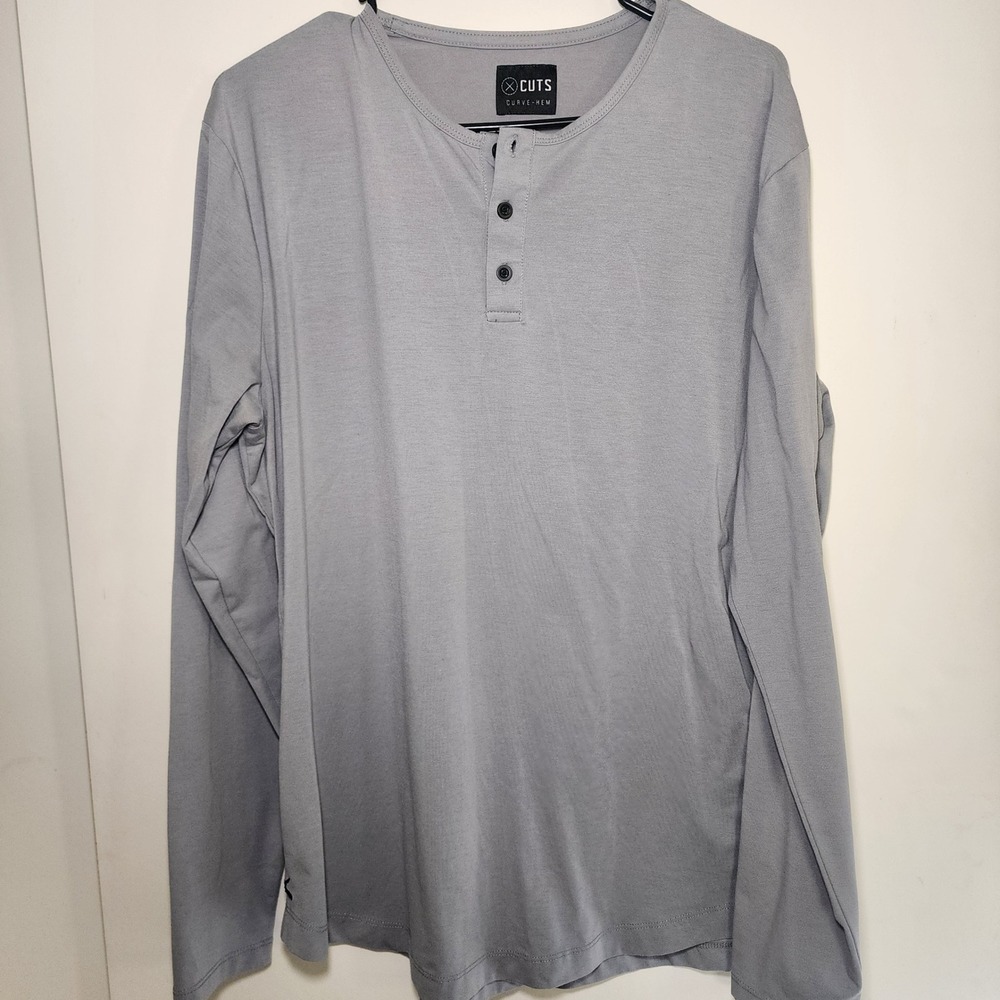 Cuts Clothing Mens Grey Long Sleeve Curve-Hem Henley Shirt Tailored Fit
